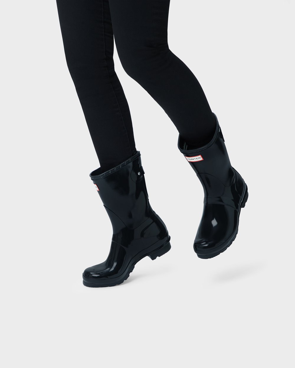 Womens Hunter Original Back Adjustable Gloss - Short Rain Boots Black - 4526-IKWOQ